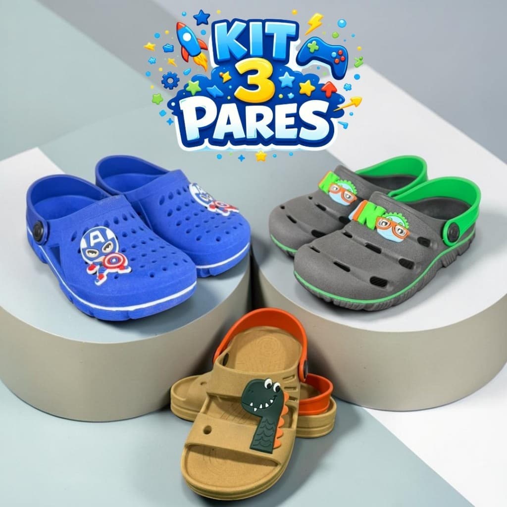 Kit 3 Pares Babuche Infantil Menino Leve e Macio