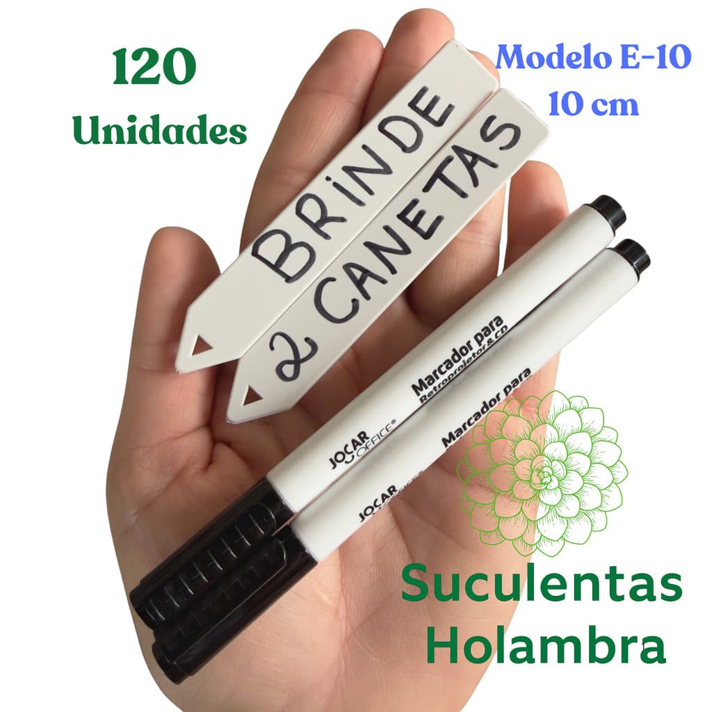 Kit 120 Unidades Plaquinha De Identificação de Plantas E-10 (10 cm de altura) + Brinde 2 Canetas Permanente