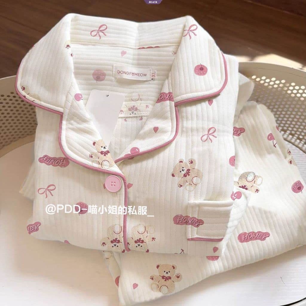 Pijama Fofo De Urso Cereja Para Mulheres – Novo Conjunto De Manga Comprida Espessado De Algodão Ar Outono/Inverno [BL]