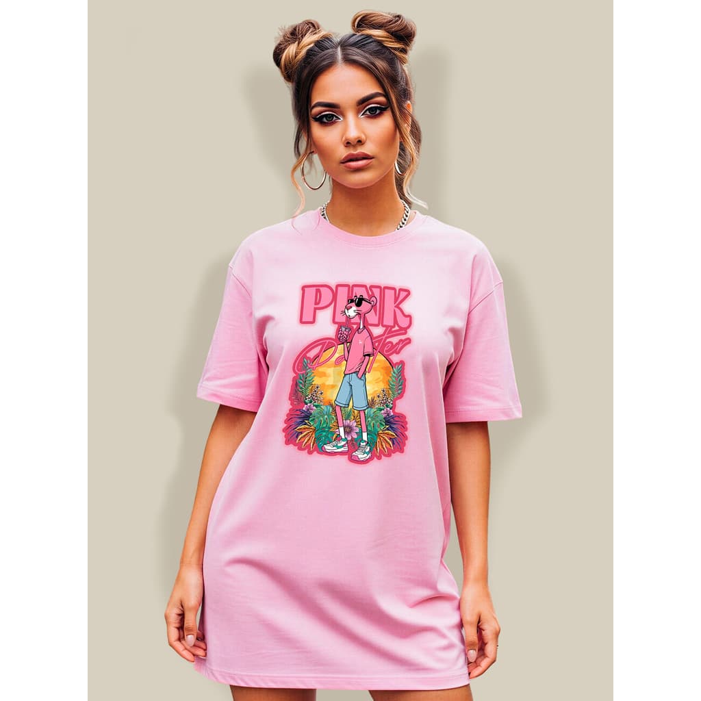Blusão Oversized Feminino Rosa Gola Canelada Street 100%Algodão Estampa Pantera Cor de Rosa Blusão Vestido Academia Shap