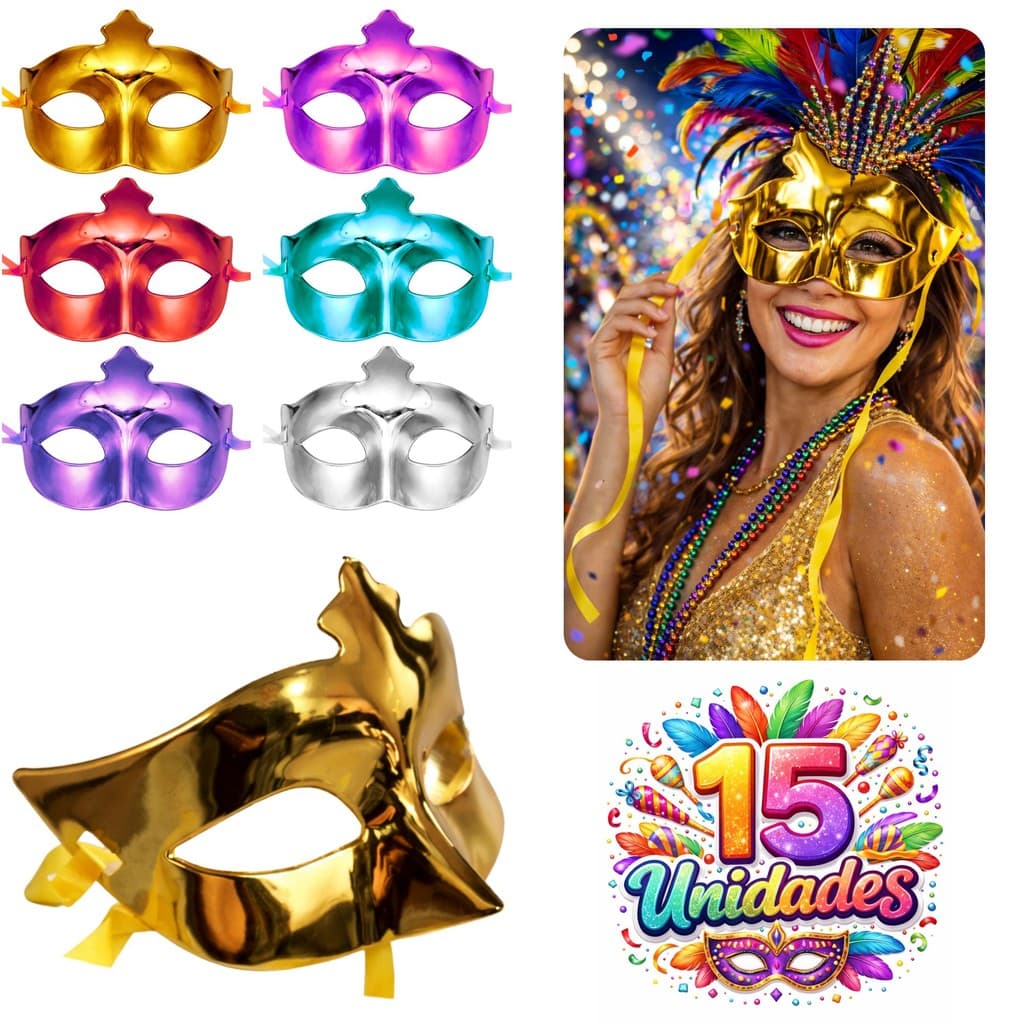 5~15 Máscaras Venezianas Coloridas Metalizadas Gatinha Carnaval Feminina Desfile Festa Baile Dourada