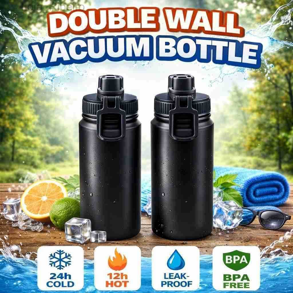 Kit 2 Garrafas Térmicas 800ml Preta Inox Parede Dupla com Tampa Leak Proof BPA FreeU0CJ
