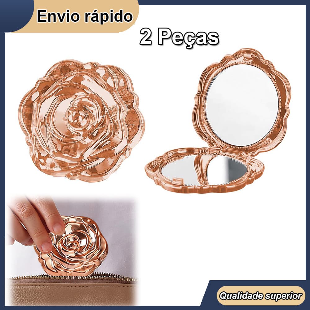 Espelho de maquiagem redondo rosa estilo espelho de maquiagem requintado espelho de viagem 6.3x6.3cm ouro rosa conjunto