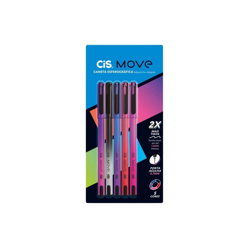 CANETA ESFEROGRÁFICA CIS MOVE 0.7MM BLISTER 5 CORES