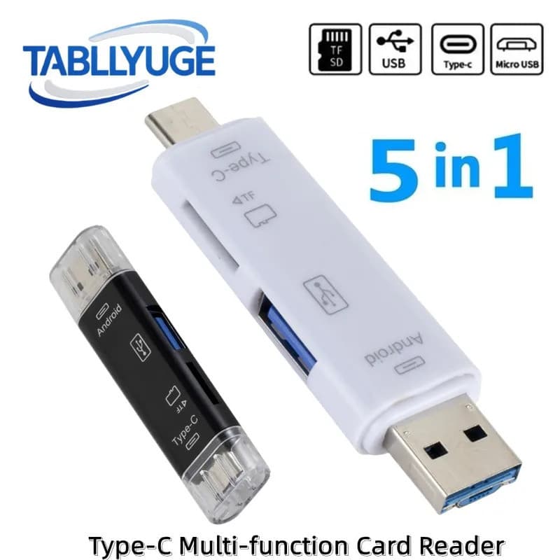 Novo leitor de cartões 5 em 1 multifuncional tipo-C, micro USB e USB de alta velocidade, leitor de cartões OTG universal