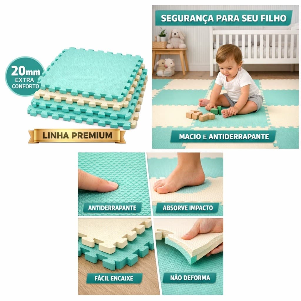Kit 12 Tatames Tapetes Eva Verde Água E Creme 50x50x2cm 20mm Linha Premium Bordas Inclusas