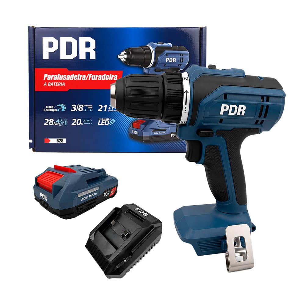 Parafusadeira e Furadeira 3/8" a Bateria 20V PDR B28 com 1 Bateria 2Ah 20V e Carregador de Bateria Bivolt