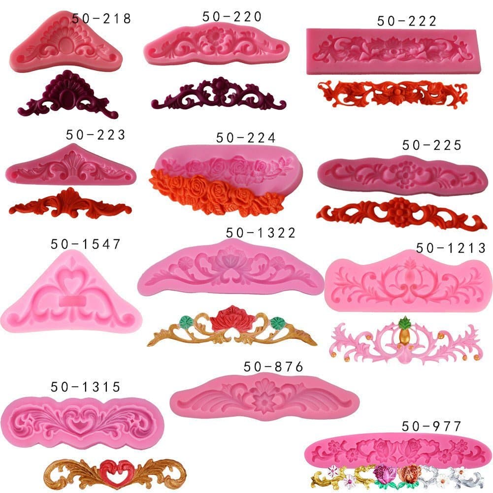 Vários moldes de silicone para decoração de bolos com padrões vintage, moldes de silicone para fondant líquido.