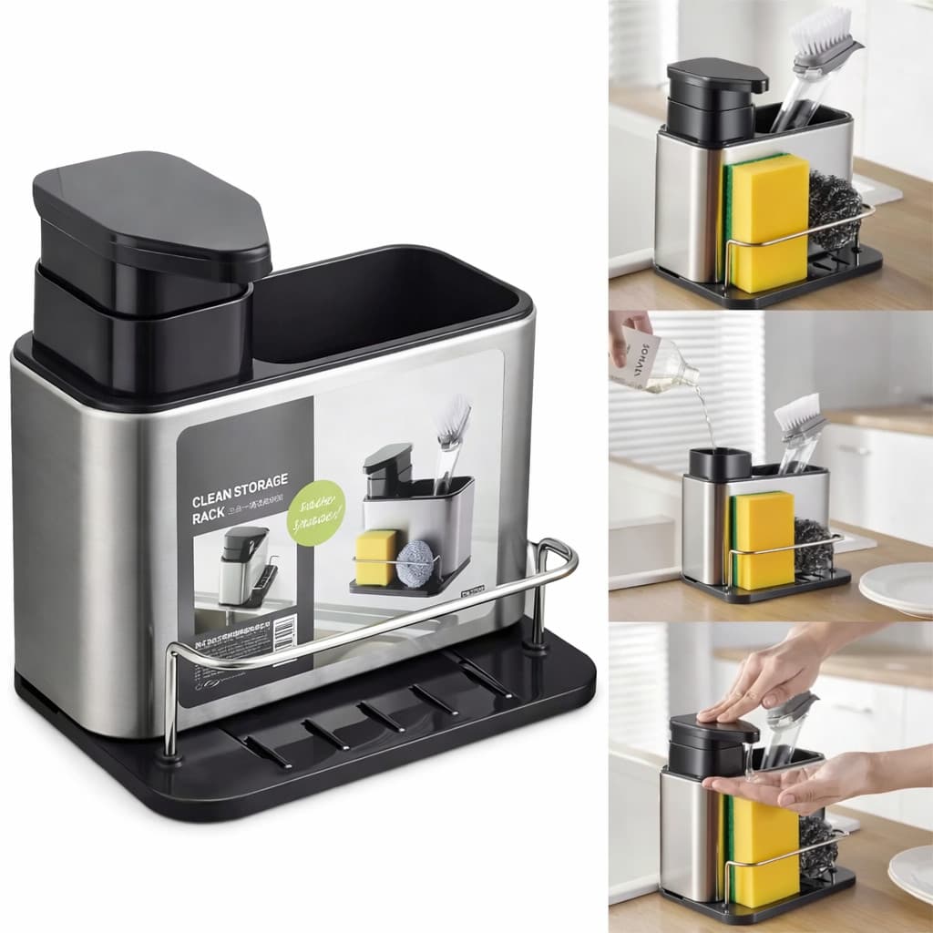 Dispenser de Detergente 3 em 1 Aço Inox com Porta Esponja e Escorredor Organizador de Cozinha