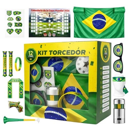 Kit12 Torcedor Copa 2026 Brasil Bandeira Adesivo Trompete Pintura Facial Acessórios Completos