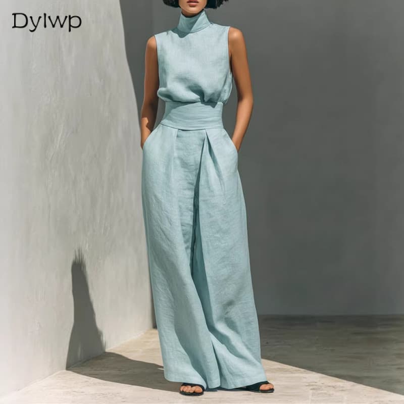 Dylwp Terno feminino de linho de algodão verão Casual colete sem mangas e calças largas