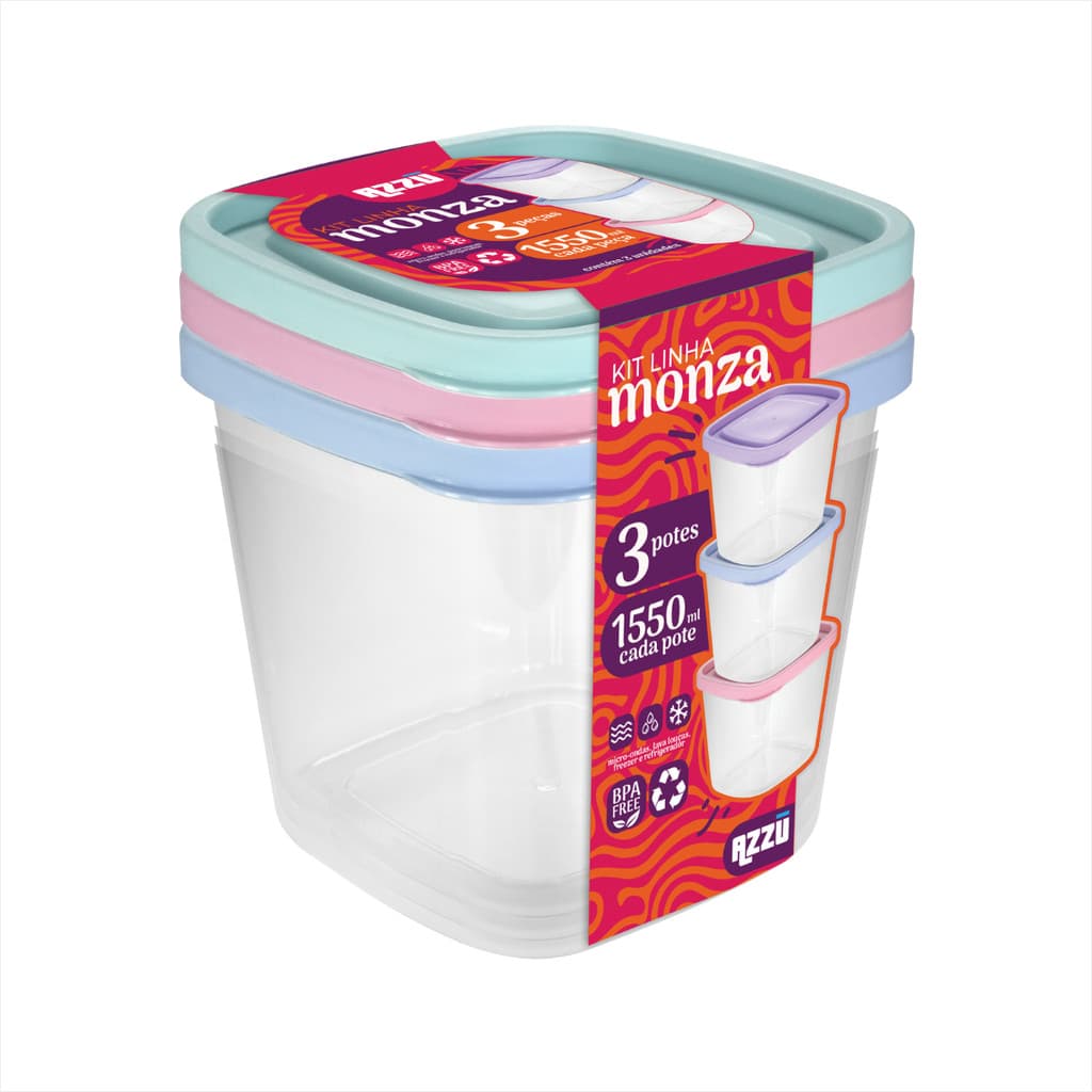 Kit 3 Potes Quadrado Organizador Alimentos Marmita Lanches 1550ml Micro-ondas Freezer Cor Sortida