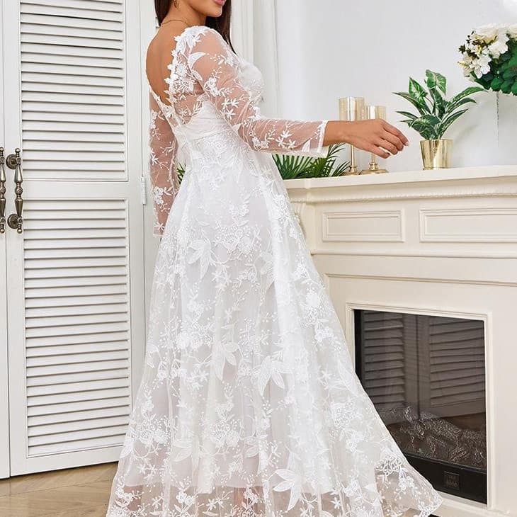 Vestido de Noiva Civil Branco de Manga Longa Cor Sólida FL4J QPCA