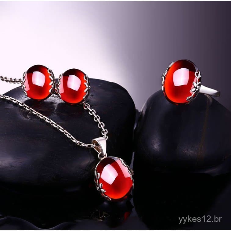 Conjunto de joias de prata s925 com zircônia vermelha, pingente vintage simples, colar elegante de prata para noivas, jo