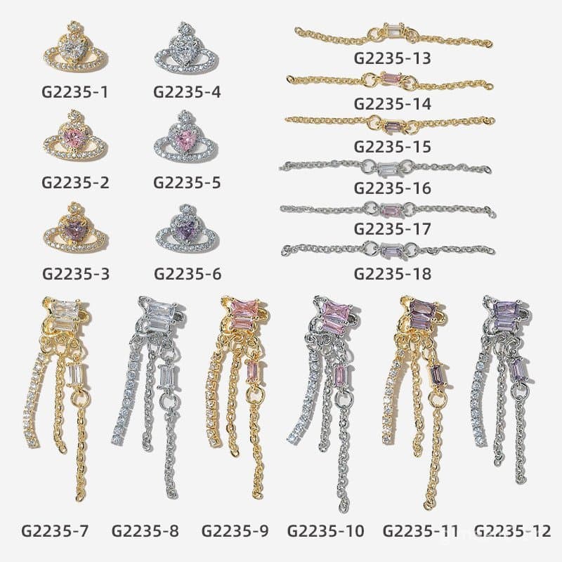 Novos acessórios de nail art com zircônia ultra-brilhante em ouro e prata, luxuosas decorações de corrente com borlas em
