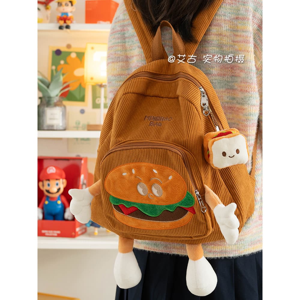 Mochila de veludo outono inverno nicho bonito engraçado mochila hambúrguer estudante pequena mochila de alto valor menin