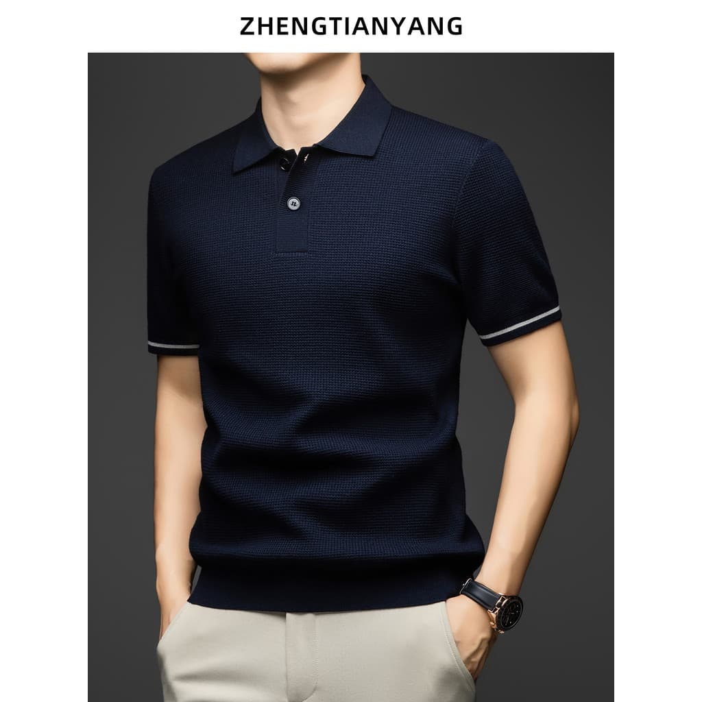High-End high-contagem fino tecido cor sólida camisola de manga curta camiseta masculina primavera outono camisa polo de
