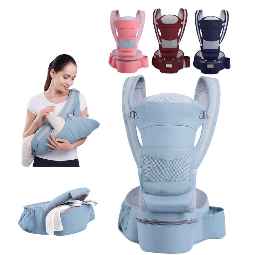 Bolsa Canguru Ergonômico Bebê Neném Mãe Premium Posições 3 Em 1 Com Vários Bolsos Cinto de Segurança Azul Rosa Vinho