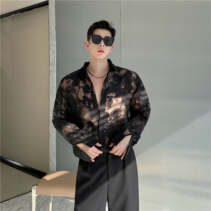 Nicho moda estilo ocidental pintura a tinta camisa translúcida masculina de manga comprida versão coreana tule influenci