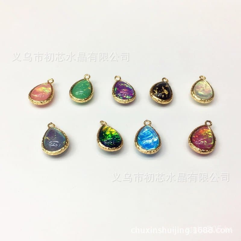 Pingente de resina iridescente em formato de gota d'água com bordas de cobre, 10*14mm, imitação de opala, acessório DIY