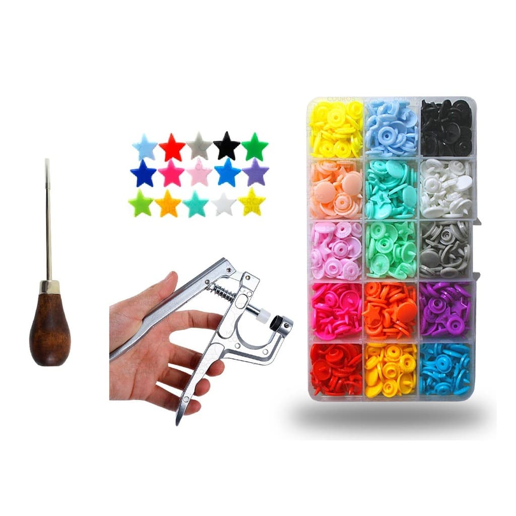 Kit Completo de Botões de Pressão Rita Estrela 12mm + Alicate com Matrizes + Furador Agulhão Lanmax