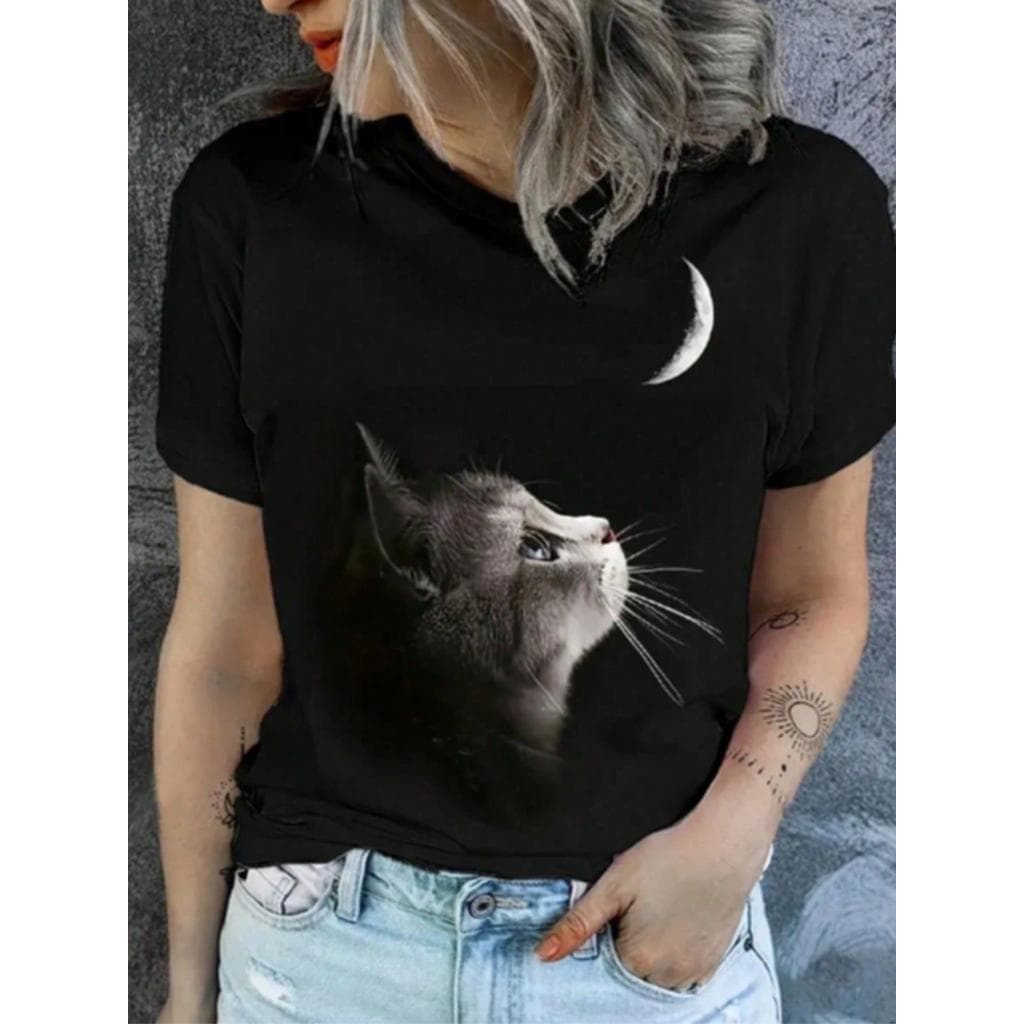 Camiseta Feminina De Gola Redonda Estampada De Gato, Moda T-shirt Feminina com Estampa de Gato Fofo, Camiseta Casual D