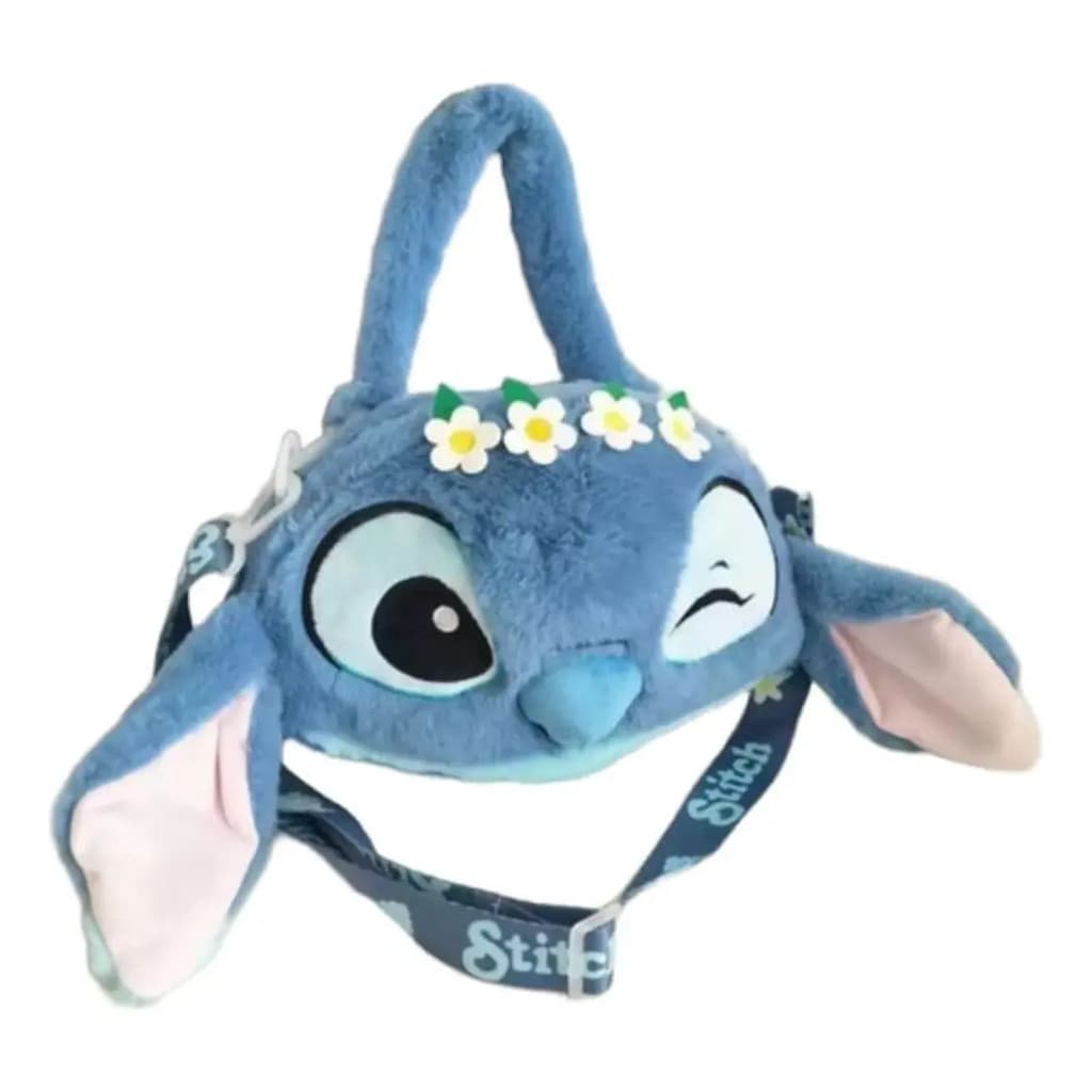 Bolsa Transversal Azul Stitch Grande Piscando Pelúcia Feminina