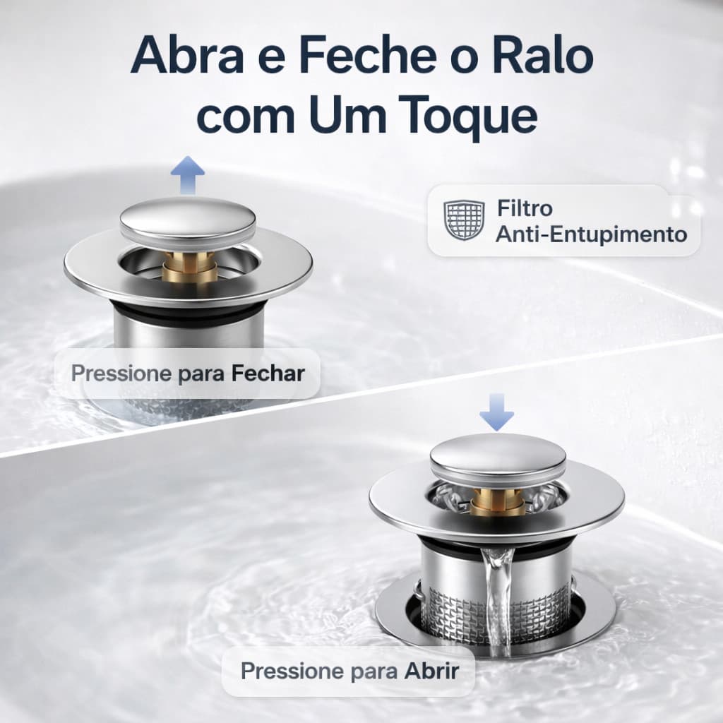 Ralo de Pia Inteligente com Filtro Inox Anti-Entupimento Antiferrugem Banheiro Cozinha