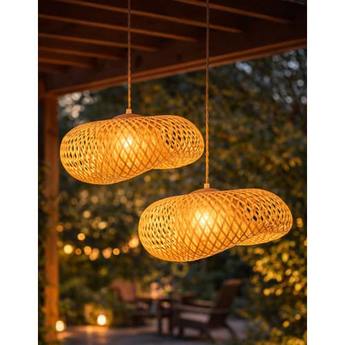 Kit 2 Lustre Pendentes Teto Bambu Fibra Natural 50cm 127/220v fiacao e lampada completo