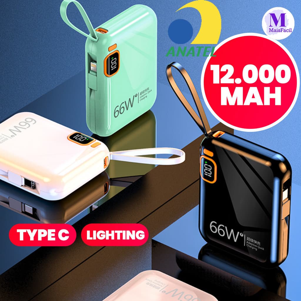 Bateria carregadora com cabo integrado compacta 12000mAh duplo carregamento rápido oferece recarga super rápida