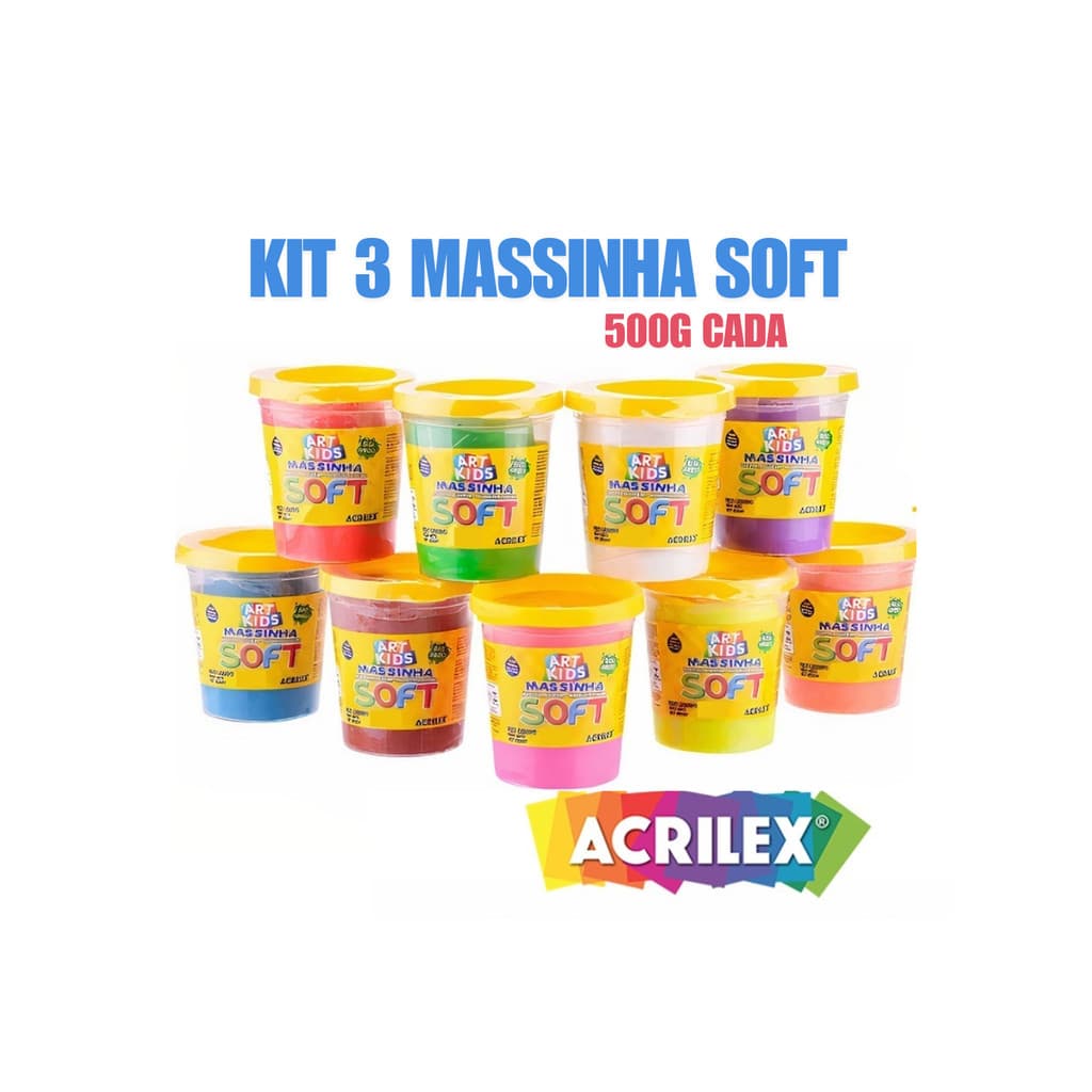 Kit 3 UND Massa/Massinha de Modelar infantil no Pote Cores Sortidas 500g Soft - ACRILEX
