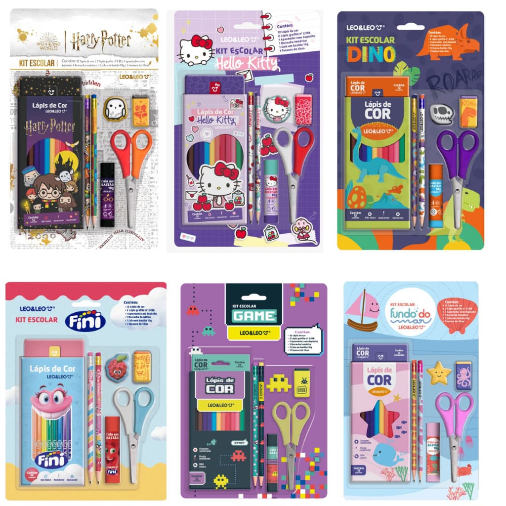 Kit Escolar Personagens Leo Leo 20 Peças Lápis de Cor, Borracha, Apontador, Tesoura, Cola Papelaria