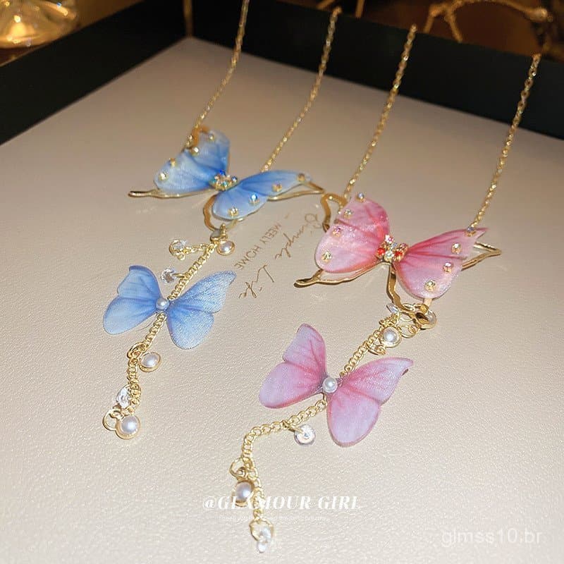 Colar de borboleta com borlas de tule e pérolas cravejadas de diamantes, gargantilha ultra-romântica e de alta qualidade
