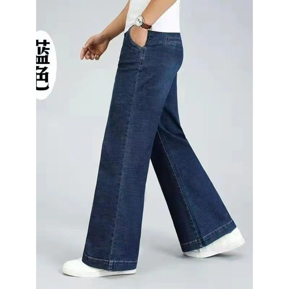 Primavera outono masculino meados de cintura Jeans solto Denim calças de perna reta calças de perna larga grande em linh