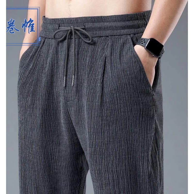 Verão Ultra-fino calças de seda gelo masculino solto em linha reta verão fino calças casuais masculino na moda All-Match