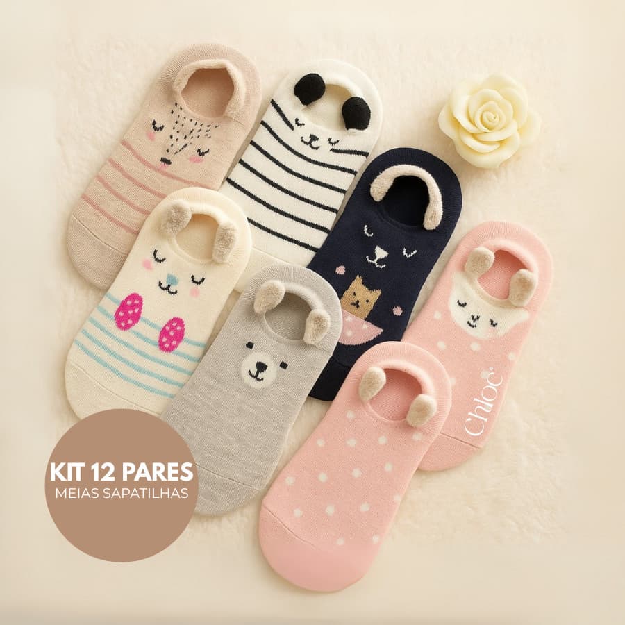 Kit 12 Pares Meia Invisível Feminina Algodão Estampada Antiderrapante Casual Dia a Dia Adulto