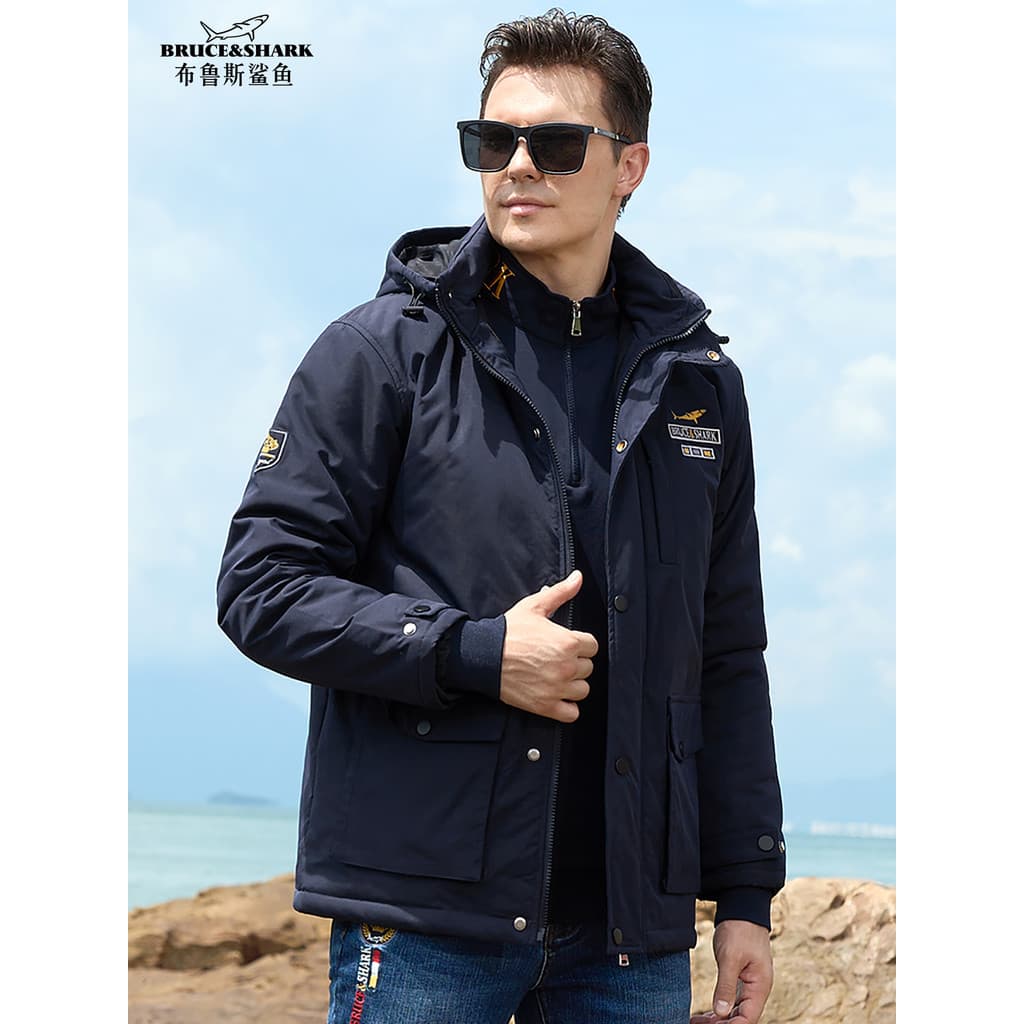 Outono inverno masculino engrossado algodão acolchoado roupas Bruce Shark Street Wear bordado solto Cardigan jaqueta mas