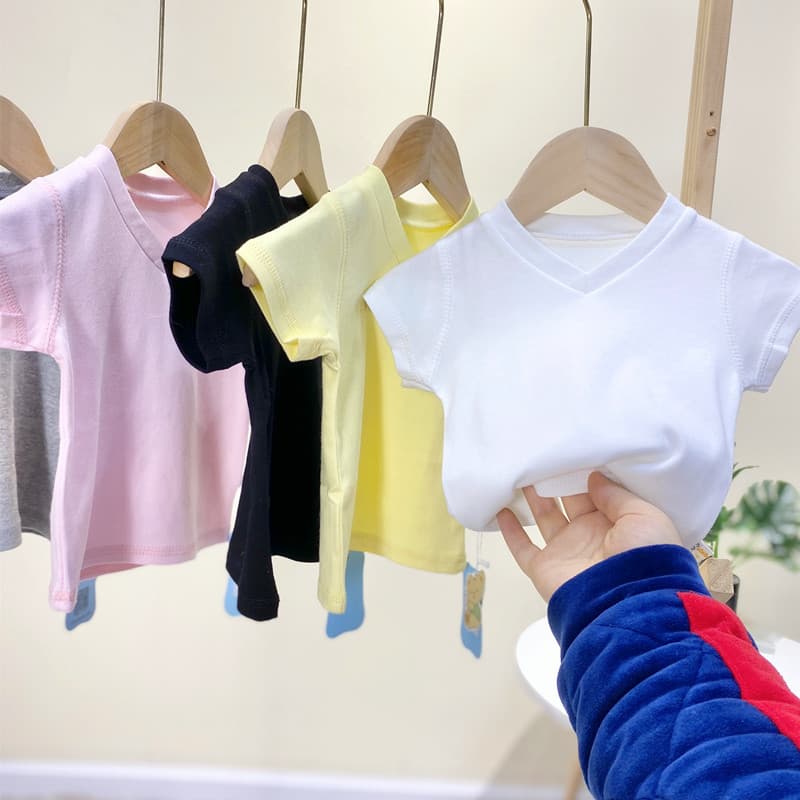 Infantil puro algodão bebê camiseta crianças de manga curta verão com decote em V camisa de fundo All-Match bebê cor sól
