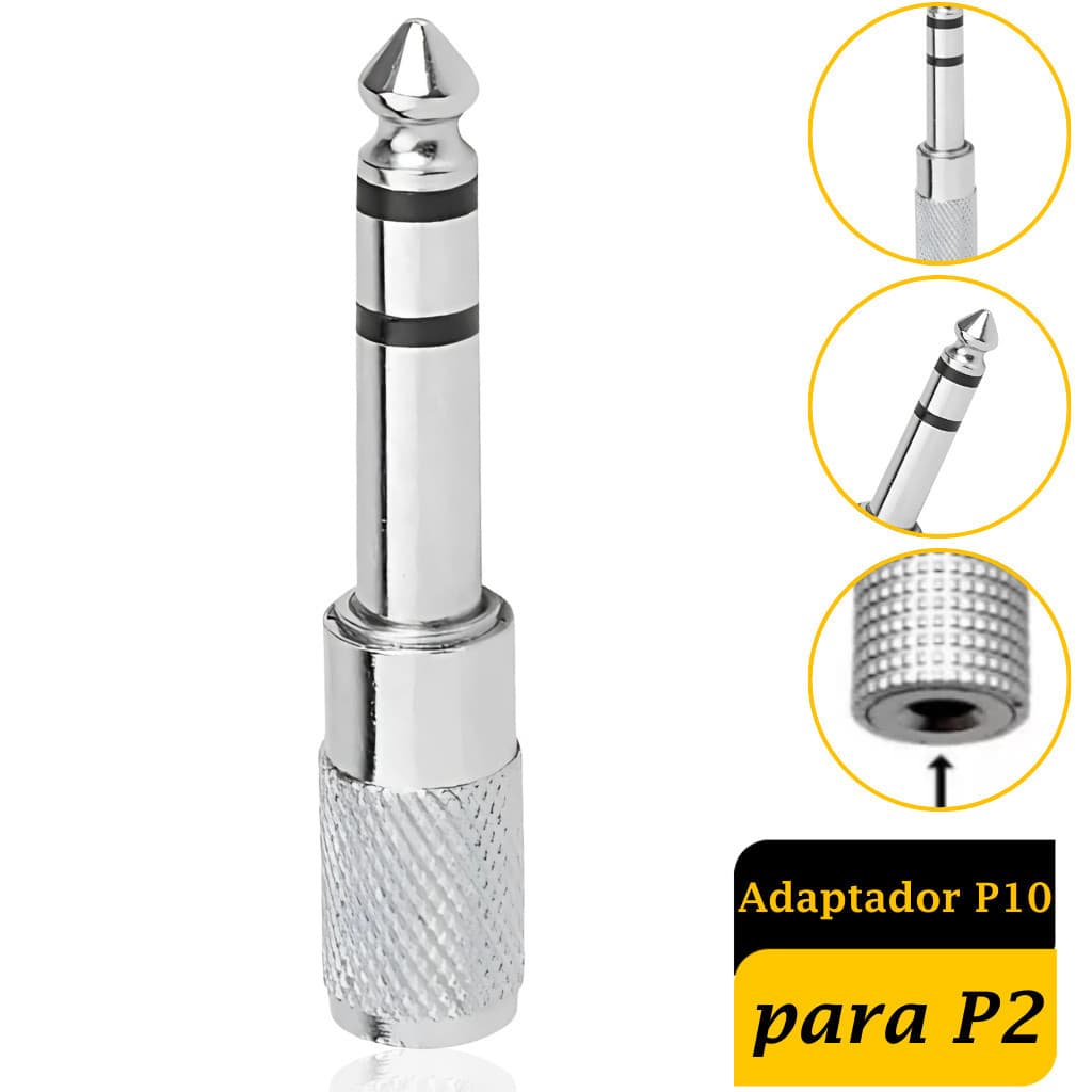 Plug Adaptador P2 Femea X P10 Macho estereo Metal Blindado