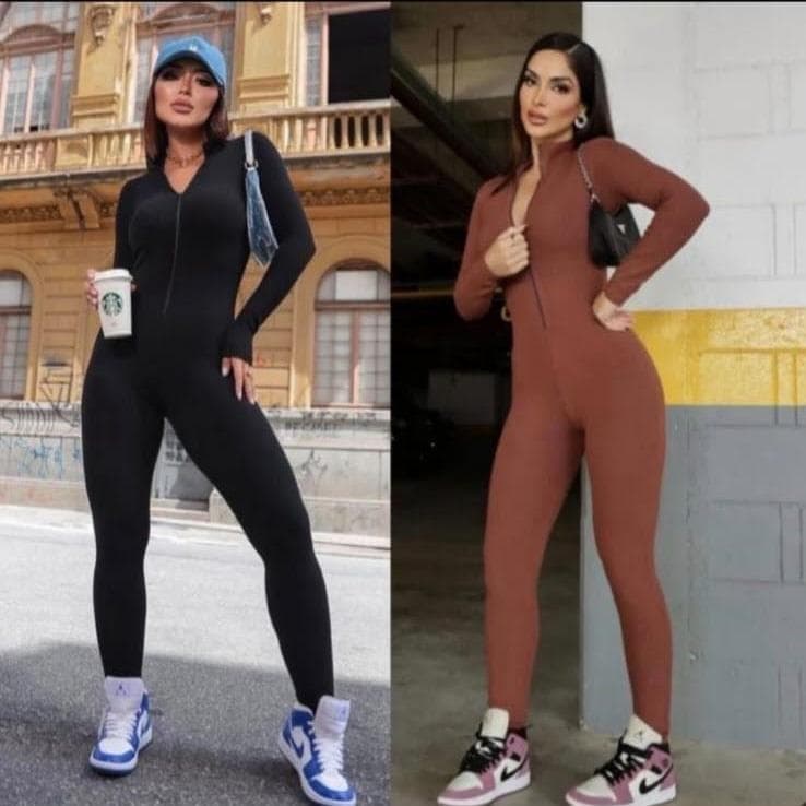 Macacão Feminino Longo Com Zíper Frontal Virgínia Gringa Tecido Canelado Modelador Justo Premium