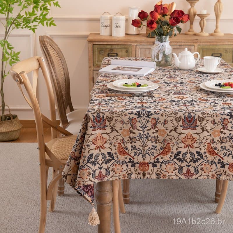 Toalha de mesa vintage em tecido jacquard tingido com fio de poliéster-algodão espesso, com desenhos de pega e flores, c