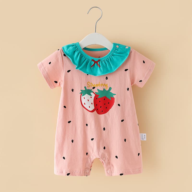 Pequeno morango roupas de verão do bebê puro algodão princesa macacão de manga curta 6 meses roupas da menina do bebê ve