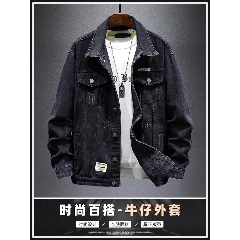 Jaqueta jeans masculina primavera outono estilo rua Wear solto lapela jaqueta 2026 novo estilo primavera preto Casual ro