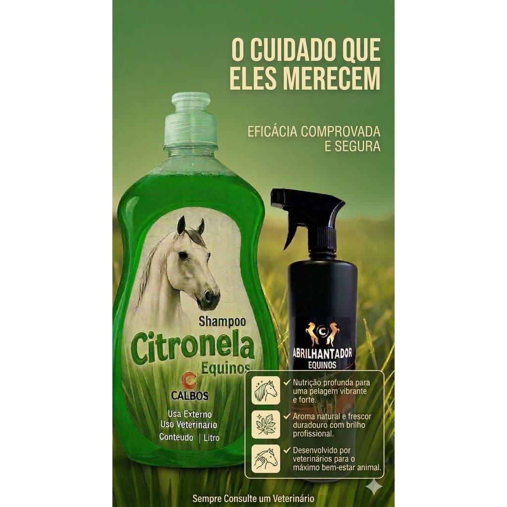 Combo Shampoo Citronela Equinos 1L + Abrilhantador 500ml Calbos | Brilho Intenso e Proteção