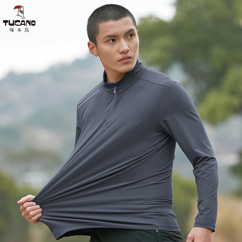 Woodpecker High-End masculino verão gelo seda estiramento de secagem rápida manga comprida meio zíper suporte