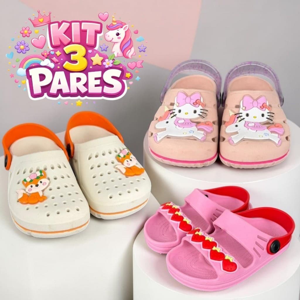 Kit Com 3 Pares De Sandália Babuche Infantil Menina Leve e Estiloso
