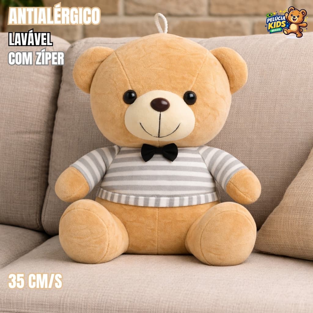 Urso de Pelúcia 35cm Roupa Listrada e Gravata Antialérgico Lavável