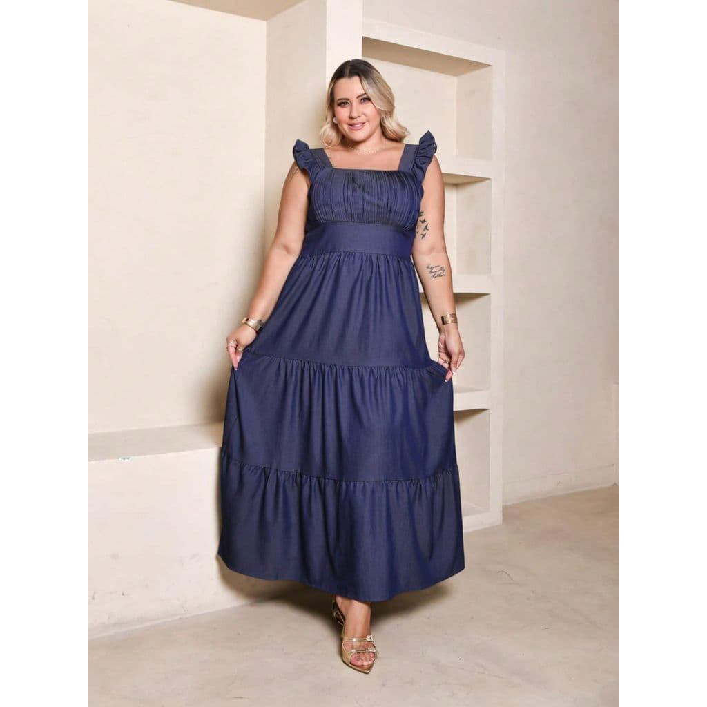 vestido longo luxo plus size chambray imitação de jeans plissado com babada na manga