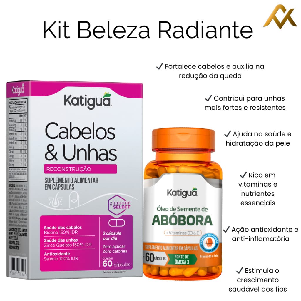 Kit Biotina + Óleo de Semente de Abóbora 60 Cápsulas Cabelo Pele Unhas 60 Caps Kit Beleza Feminina
