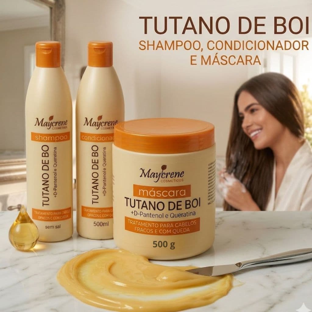 Kit Tutano de Boi Maycrene | Blindagem Capilar contra Queda + Nutrição Profunda – 3x500ml